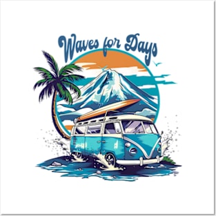 Waves for days Retro Summer Vibes Beach Life Classic Car Novelty Gift Posters and Art